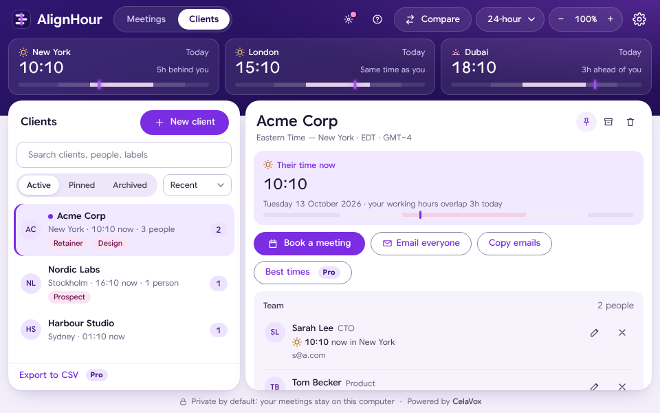 The Clients page: a client's whole team with each person's local time